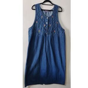 Vintage Denim Jumper Midi Dress Size 2X Sleeveless Floral Embroidered Cotton